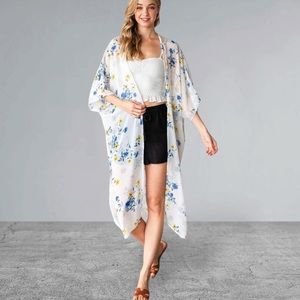 Boutique Open Front Ivory Floral Chiffon Oversized Cardigan Duster Women’s S